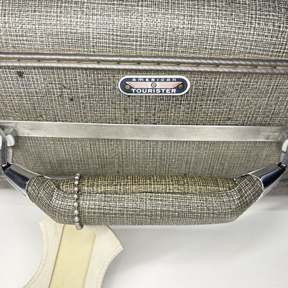 Vintage American Tourister Tri Taper Grey Suitcase Luggage Hard Shell Plaid 50s - Picture 11 of 16